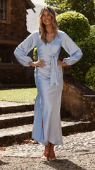 Ivy Long Sleeve Tie Front Maxi Dress - Blue