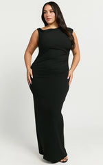 Genie Maxi Dress – Off-Shoulder Figure-Hugging Slip Dress in Black