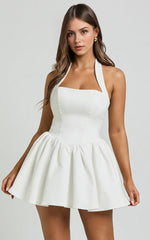 Helda Mini Dress – Halter Tie-Neck Corset Detail Dress in White