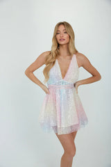 Lona Halter Neck Rainbow Tulle Sequin Mini Dress
