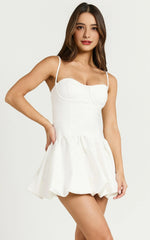 Textured Drop Waist Bubble Hem Mini Dress in Off White