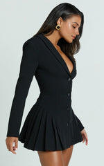 Bea Mini Dress – Elegant Collared Fit-and-Flare Pleated Dress with Long Sleeves in Classic Black