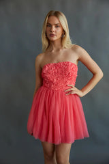 Grace Strapless Floral Applique Tulle Babydoll Mini Dress