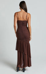 Harlene Maxi Dress – Chocolate Mesh Ruched Frill Hem Gown with V-Neckline
