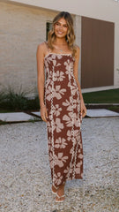 Carlia Midi Dress - Brown Daylillies