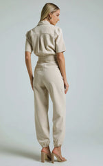 Coco Jumpsuit – Stone Collared Straight-Leg Utility Jumpsuit