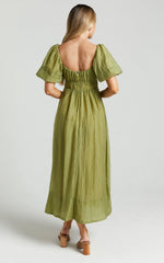 Roshina Midi Dress – Olive Straight Neck Puff Sleeve Dress