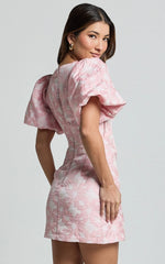 Diana Mini Dress - Jacquard Short Sleeve Cut Out Dress in Light Pink