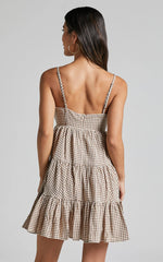 Lorelle Mini Dress – Brown Gingham Tiered Sleeveless Dress with Straight Neckline