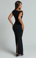 Genie Maxi Dress – Off-Shoulder Figure-Hugging Slip Dress in Black