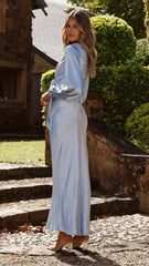 Ivy Long Sleeve Tie Front Maxi Dress - Blue