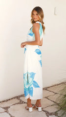 Maisy Shoulder Tie Midi Dress - Blue Teal