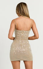 Diamante Square Neck Bodycon Mini Dress in Nude