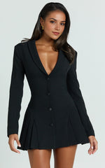 Bea Mini Dress – Elegant Collared Fit-and-Flare Pleated Dress with Long Sleeves in Classic Black