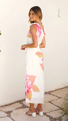 Maisy Shoulder Tie Midi Dress - Pink Green
