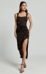 Ruched Corset Burnout Midi Dress in Black and Brown