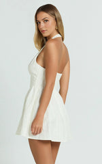 Halterneck Corset Waist Mini Dress with Gathered Skirt in Cream