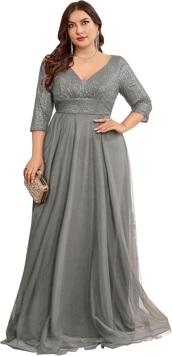 Plus Size Floor Length Formal Evening Gown for Mother of Bride Glitter Long Sleeves V-Neck Prom Dress for Women