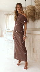 Aurra Off Shoulder Maxi Dress - Brown/White Polka