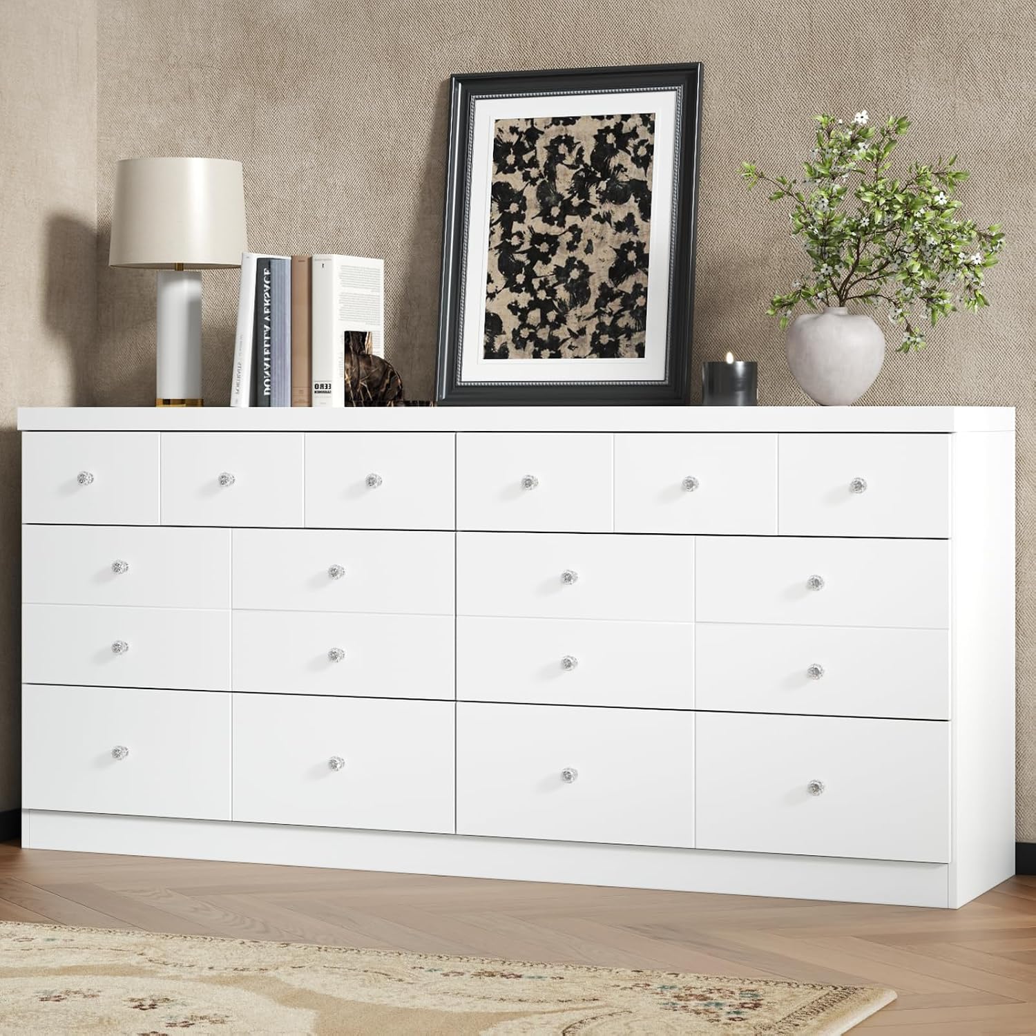 63'' White Long Dresser for Bedroom, Double Wide Dressers 6 Drawer Dresser with 14 Organized Compartment, Modern White Wood Dresser 6 Drawer with Glass Handle, Extra Large Chest of Drawers for Bedroom