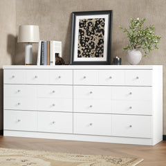 63'' White Long Dresser for Bedroom, Double Wide Dressers 6 Drawer Dresser with 14 Organized Compartment, Modern White Wood Dresser 6 Drawer with Glass Handle, Extra Large Chest of Drawers for Bedroom