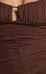 Harlene Maxi Dress – Chocolate Mesh Ruched Frill Hem Gown with V-Neckline