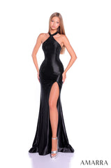 A sleek black floor-length gown with a high slit and halter neckline, styled with silver heels.