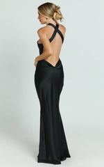 Runaway The Label – Chara Halter Neck Satin Evening Gown in Black