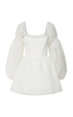 Long Puff Sleeve Pearl Detail Mini Dress in White