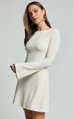 Flared Long Sleeve A-Line Mini Dress in Off White