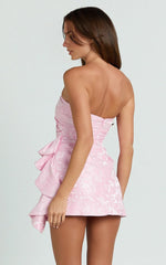 Laila Mini Dress – Pink Jacquard Strapless A-Line Party Dress