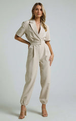 Coco Jumpsuit – Stone Collared Straight-Leg Utility Jumpsuit