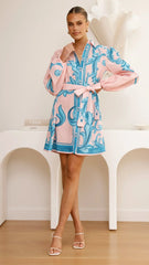 Lucia Long Sleeve Mini Dress - Aqua/Pink Print