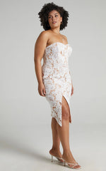 Lace To Lace Midi Dress – White Strapless Lace Bodycon with Side Split
