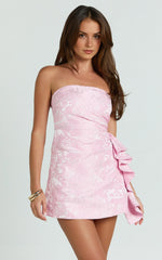 Laila Mini Dress – Pink Jacquard Strapless A-Line Party Dress
