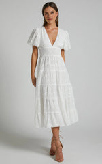 Divora Midi Dress – Ivory Tiered A-Line Dress with Plunge Neck & Balloon Sleeves