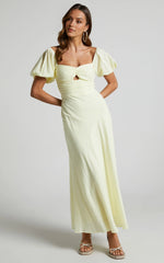 Vynna Midi Dress – Butter Yellow Puff Sleeve A-Line Dress with Ruched Bust & Scoop Neck