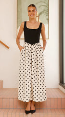 Leoni Maxi Dress - Oat/Black Polka