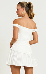 Izara Mini Dress - Off Shoulder Pleated Dress in Off White