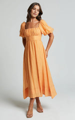 Roshina Midi Dress โ Puff Sleeve Straight Neck Dress in Vibrant Orange