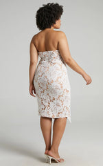 Lace To Lace Midi Dress – White Strapless Lace Bodycon with Side Split