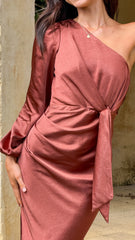Eden One Shoulder Tie Front Maxi Dress - Rust