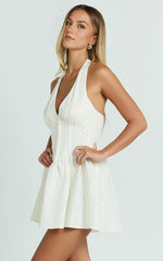 Halterneck Corset Waist Mini Dress with Gathered Skirt in Cream