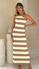 Tarron One Shoulder Maxi Dress - Beige/White