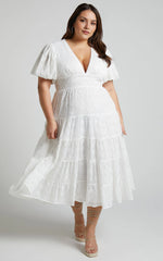 Divora Midi Dress – Ivory Tiered A-Line Dress with Plunge Neck & Balloon Sleeves