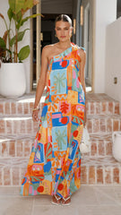 Paxton One Shoulder Maxi Dress - Tropical Abstract