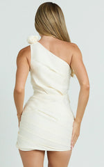 One Shoulder Rose Gathered Satin Mini Dress in Cream