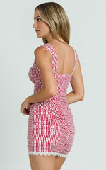 Strappy Ruched Bodycon Mini Dress in Red Gingham
