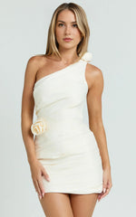 One Shoulder Rose Gathered Satin Mini Dress in Cream