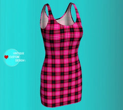 Pink Tartan Plaid Bodycon Dress: Eco-friendly Flare Dress